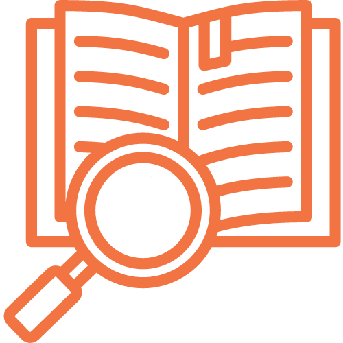 simple graphic of a magnifying glass and a book