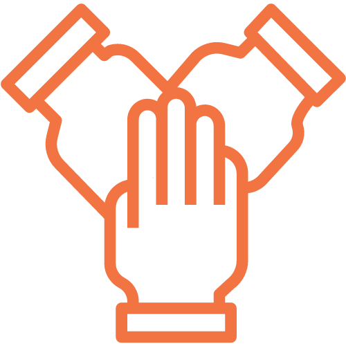 simple graphic of three hands joining as one, signifying being part of a team